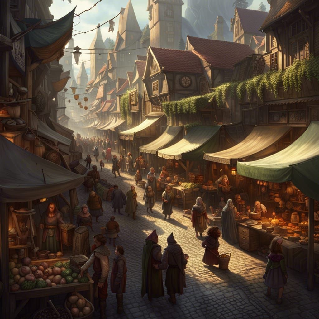 Fantasy Market Street with Giants and Elves