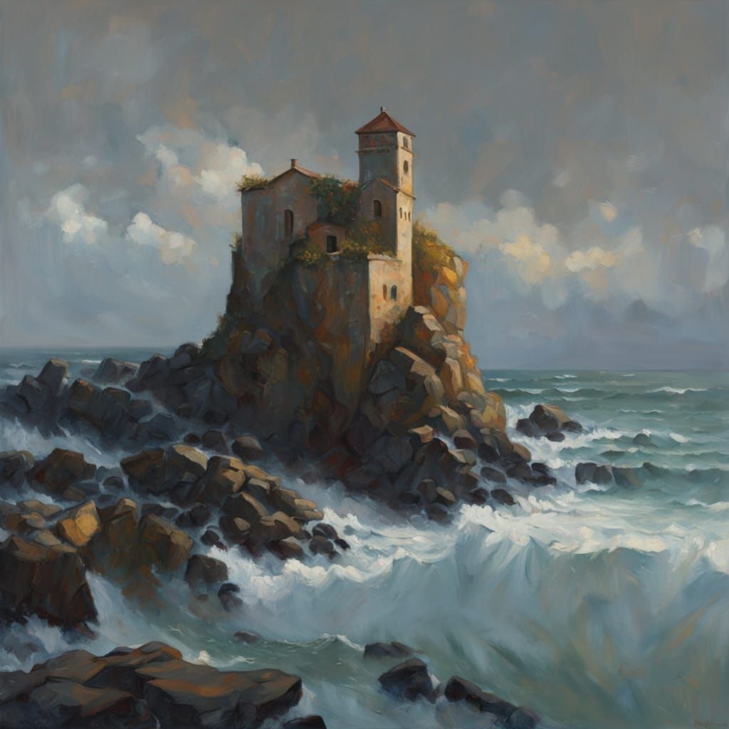 Oil Painting of Coastal Ruin at Golden Hour