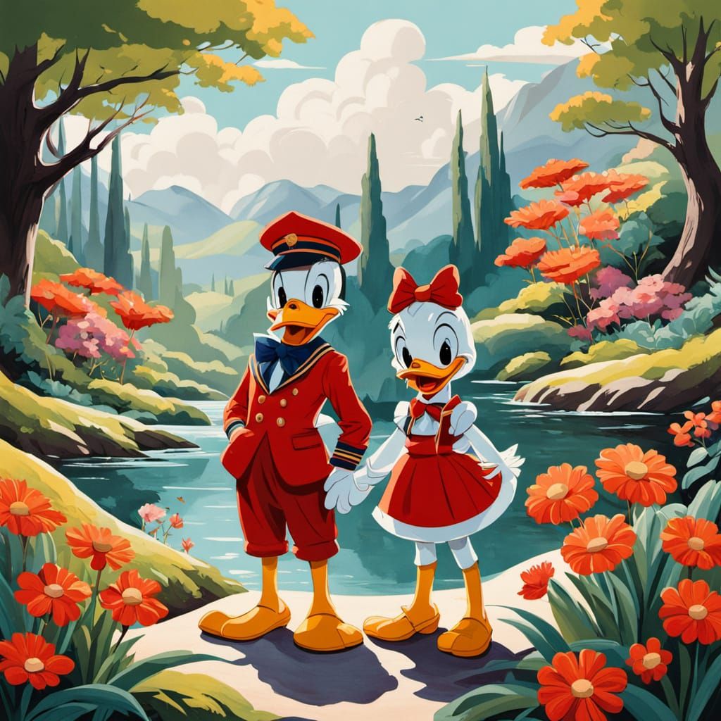 Vibrant Disney-Inspired Ducks in Whimsical 1950s Landscape