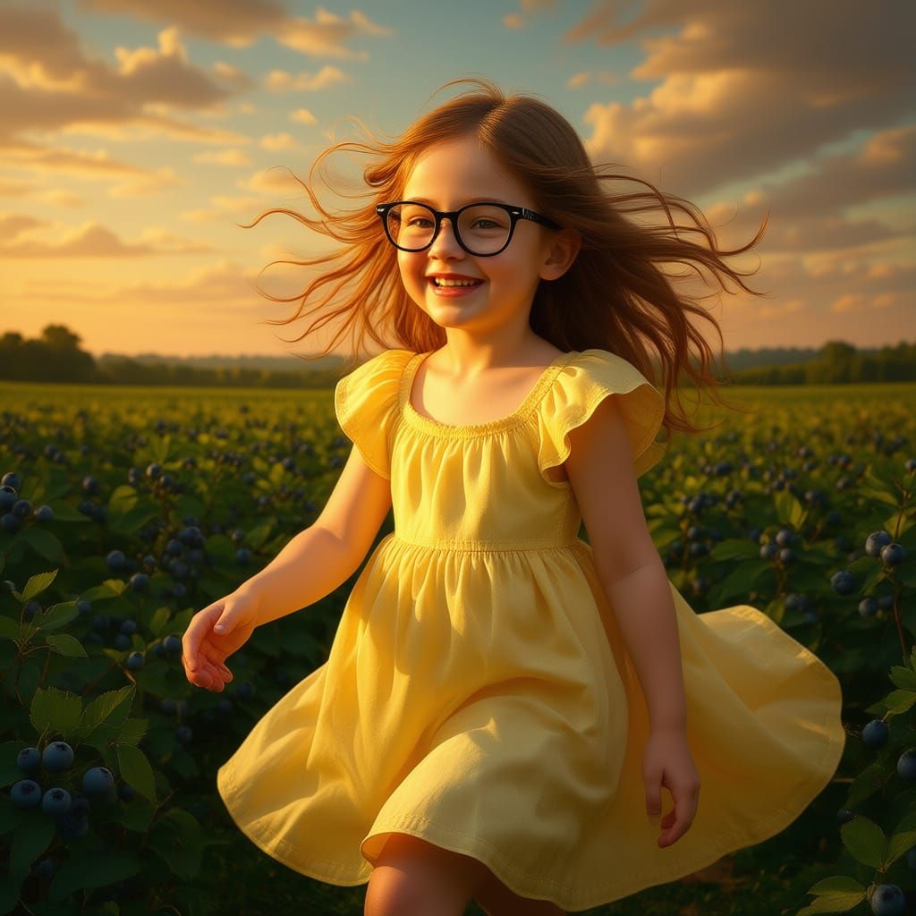 Joyful Girl in Golden Sunlight Blueberry Field