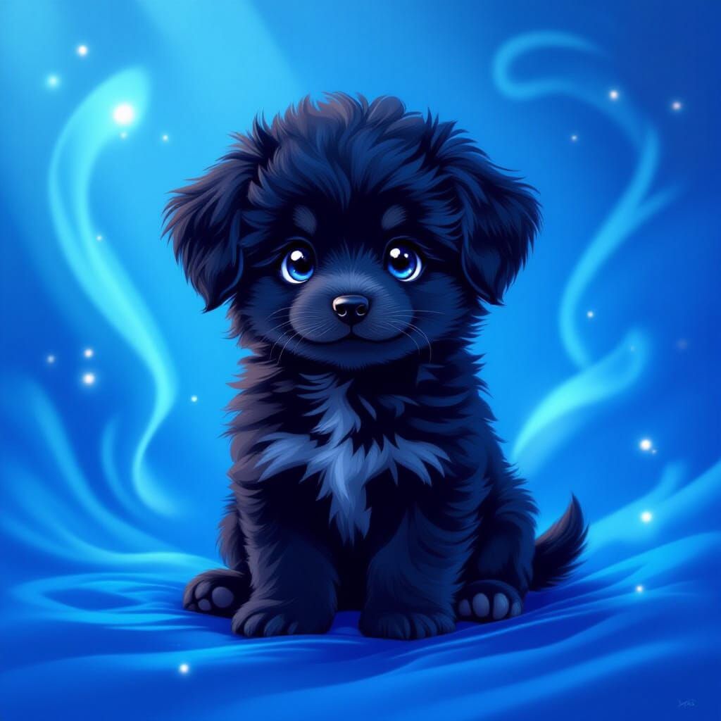 Anime Style Fluffy Black Puppy on Blue Background