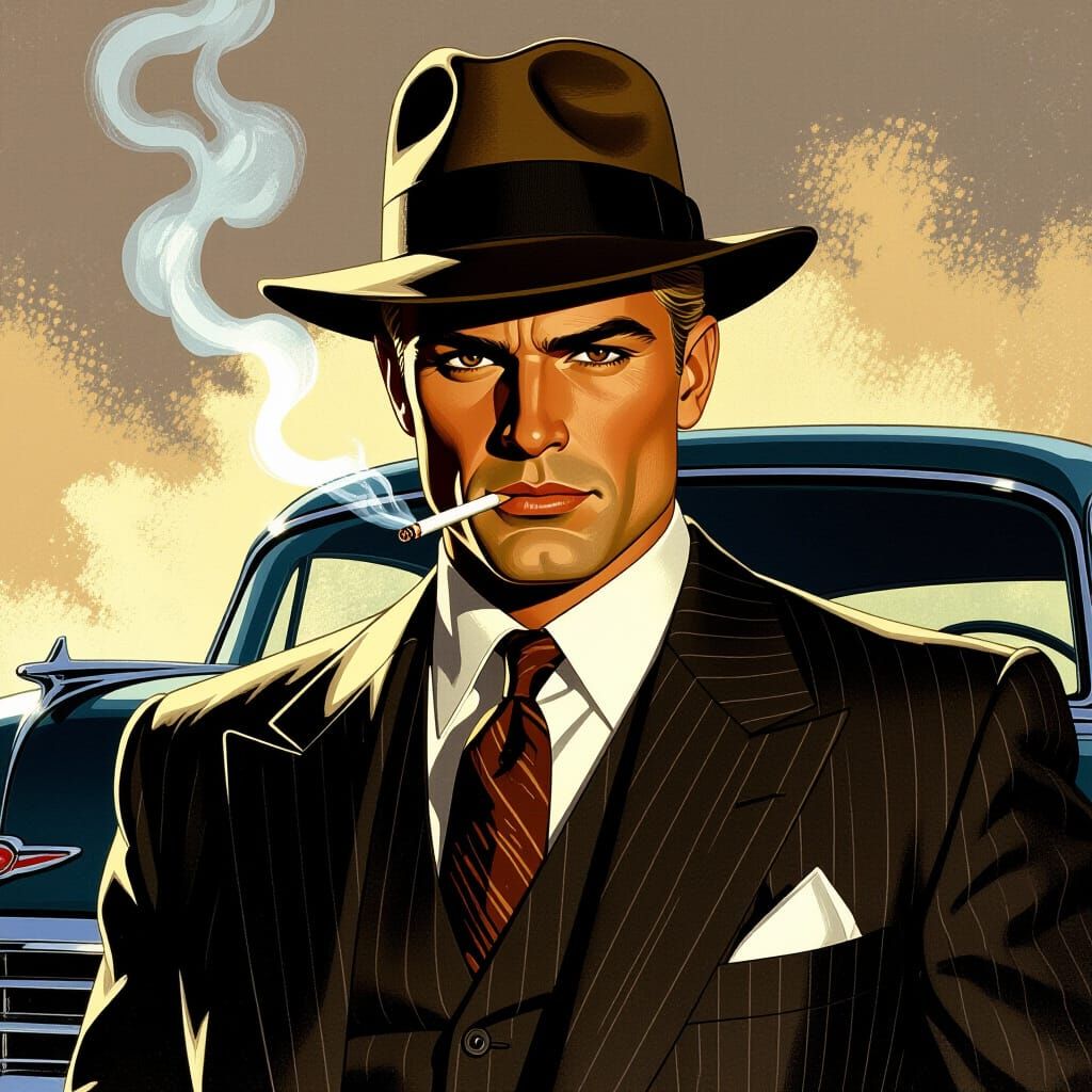 1950s Mobster in Noir Style Smoking by Car