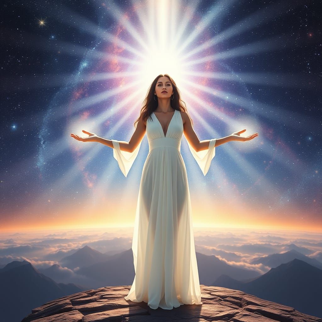 Ethereal Woman Illuminates Multiverse in Mystical Realism