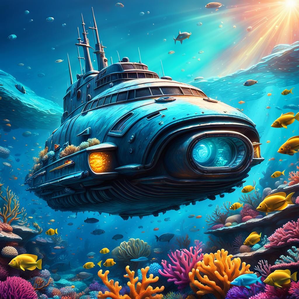 Futuristic Submarine Car Exploring Coral Reef