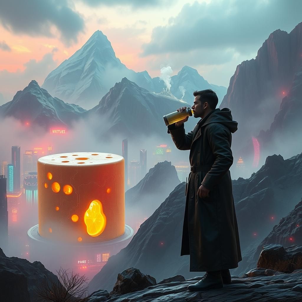 Futuristic Metropolis: Neon Cheese Monument in Cyberpunk Sty...