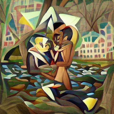 Gay Couple in Love by River, Cubist Style
