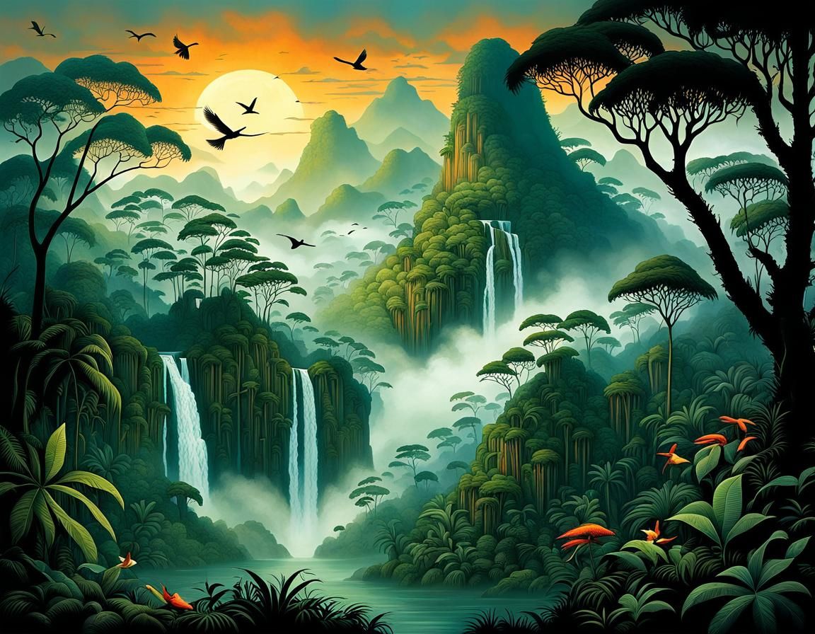 Lush Tropical Rainforest Scene at Sunset