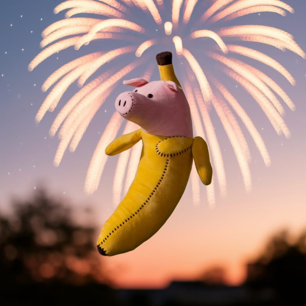 Plush Banana Pig Amidst Fiery Fireworks