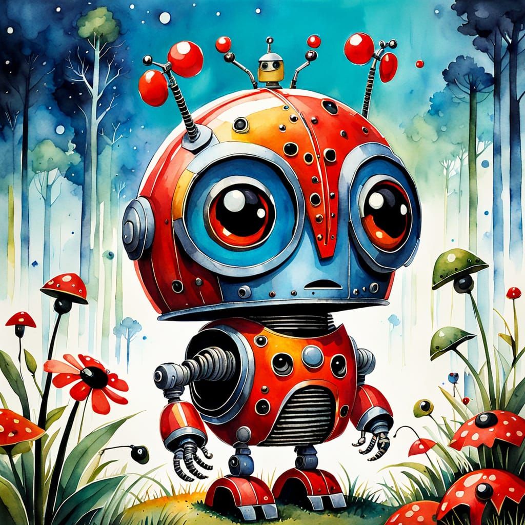 Cute Robot and Ladybug in Watercolor Style