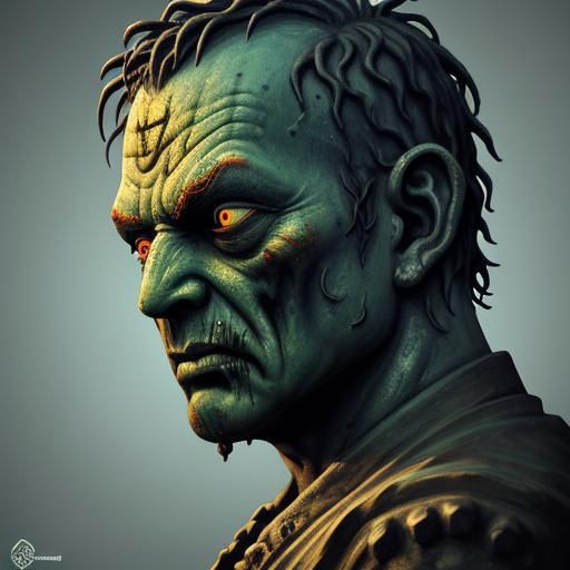 Hyperrealistic Zombie Buddha Statue in Splash Art Style