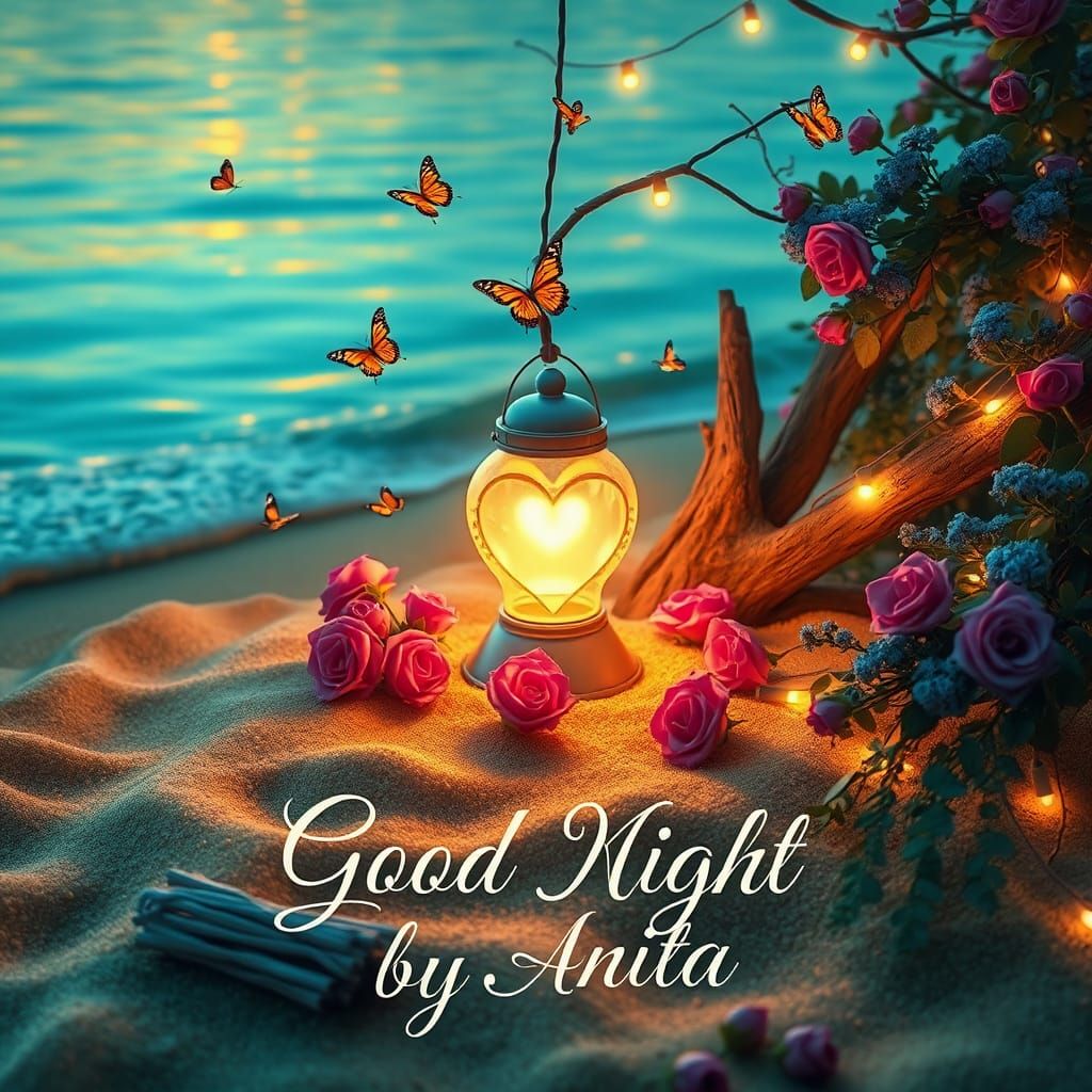 Turquoise Sea Shore at Dusk with Heart Lantern