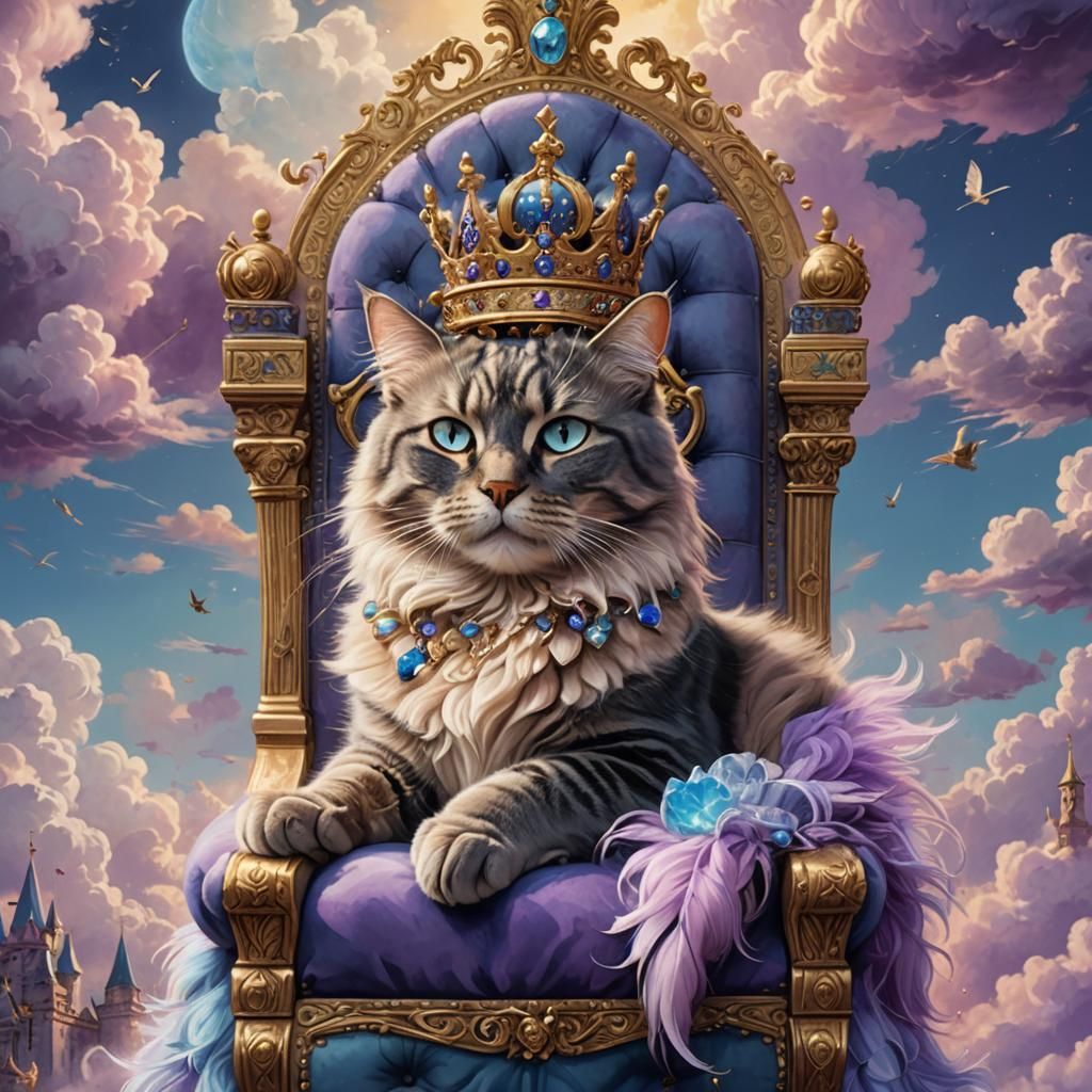 Majestic Cat King on Cloud Throne: Fantasy Art