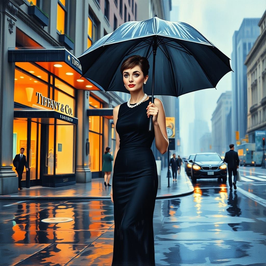 Rainy Night at Tiffany's in Vibrant Gouache Style