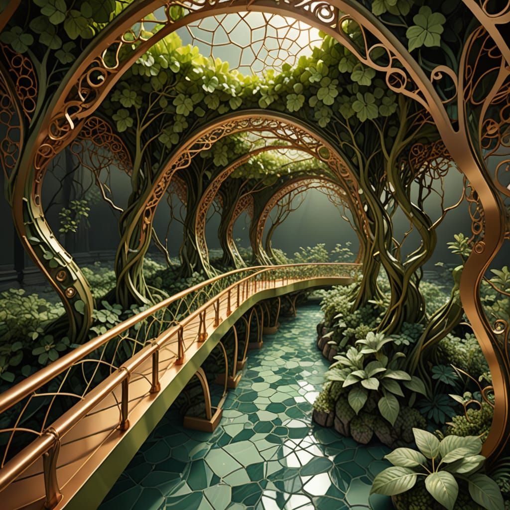 Lush Garden Bridge with Copper Details