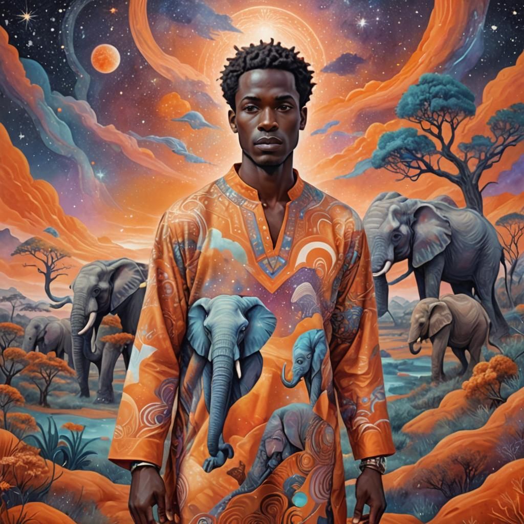 Elegant African Man in Surreal Elephant Landscape