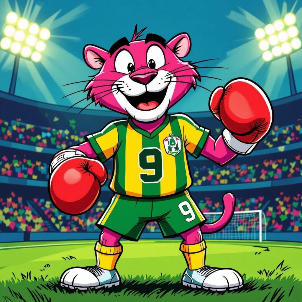 Pink Panther Footballer with Boxing Gloves in Comic Style