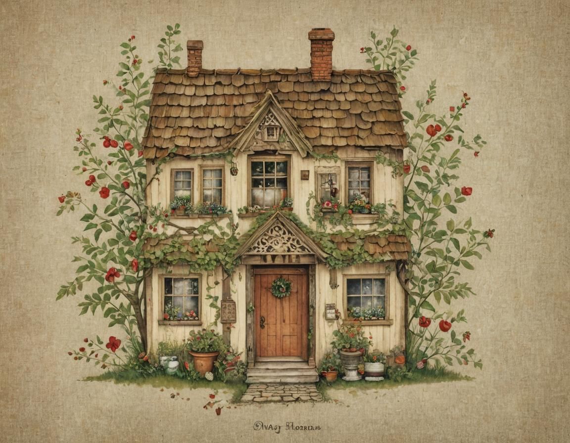 Whimsical Winter Wonderland Home Scene in Intricate Watercol...