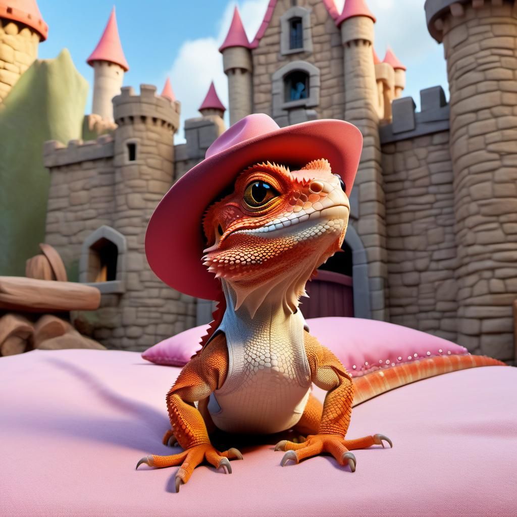 Disney Pixar style 3D character adorable red bearded dragon, in a castle enclosure with a pink bed and pillows, a portra...