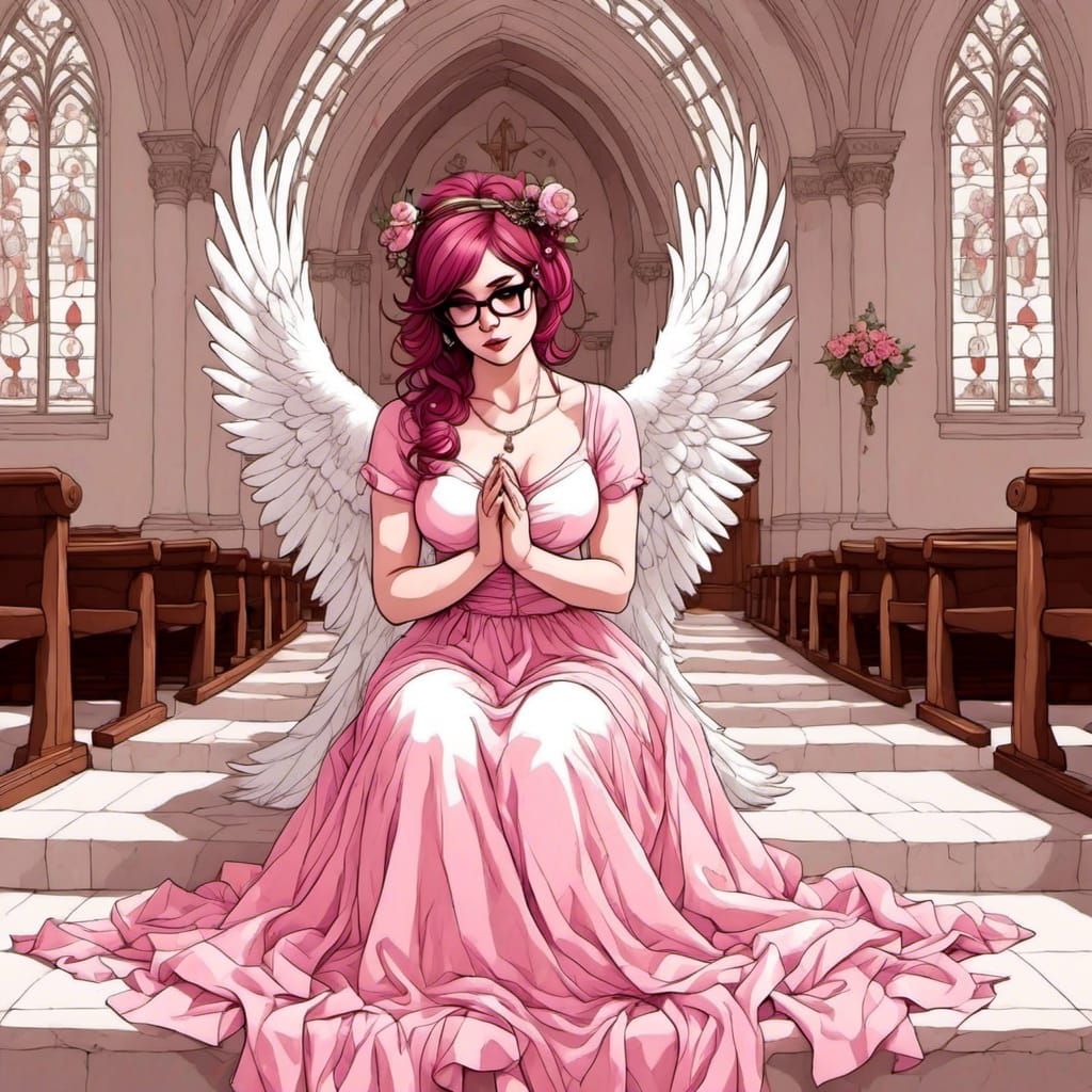 Angel Praying in Church in Pale Pink and White