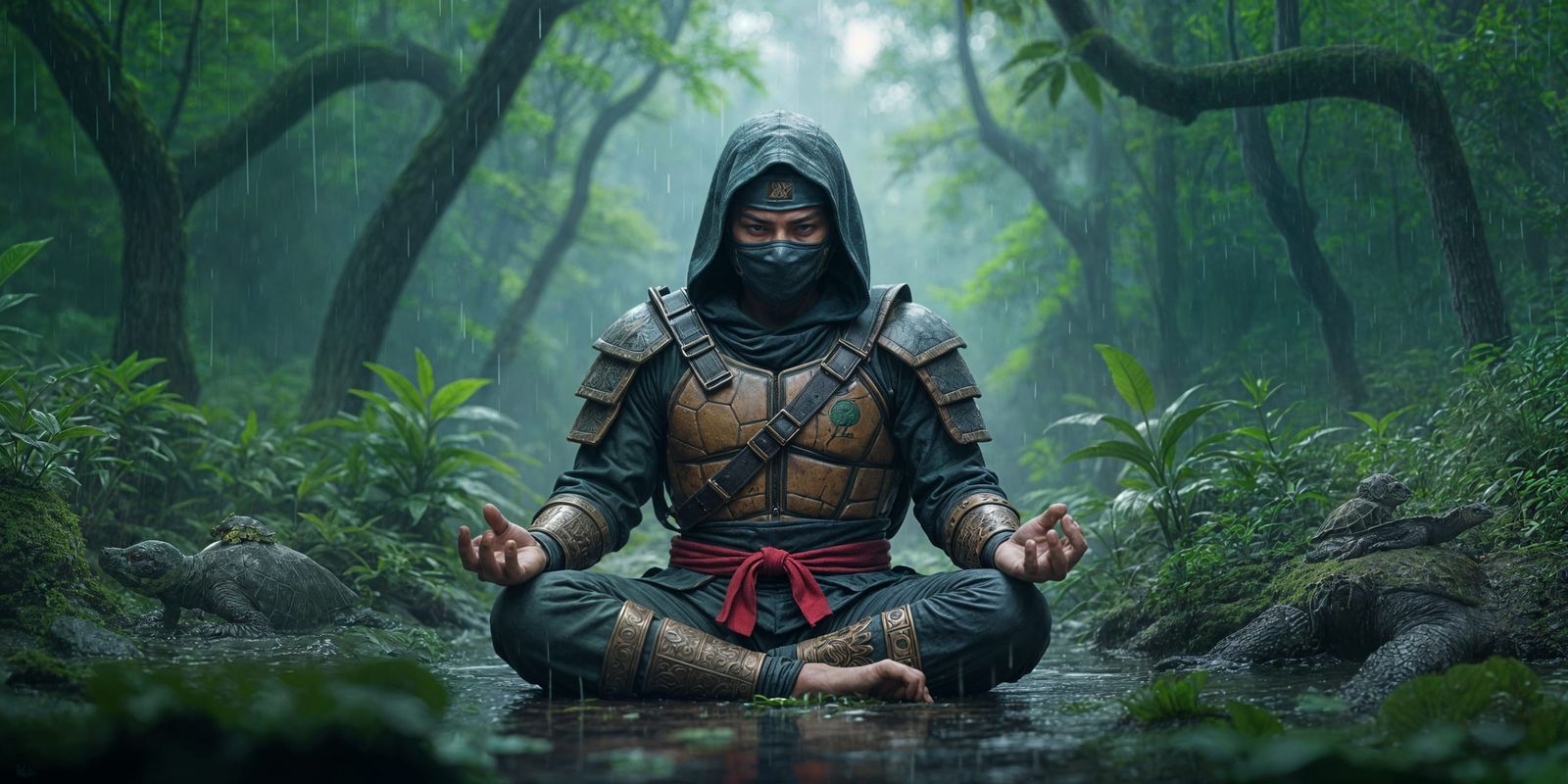 Ninja Turtle Meditating in Rainy Forest: Hyperrealistic Spla...