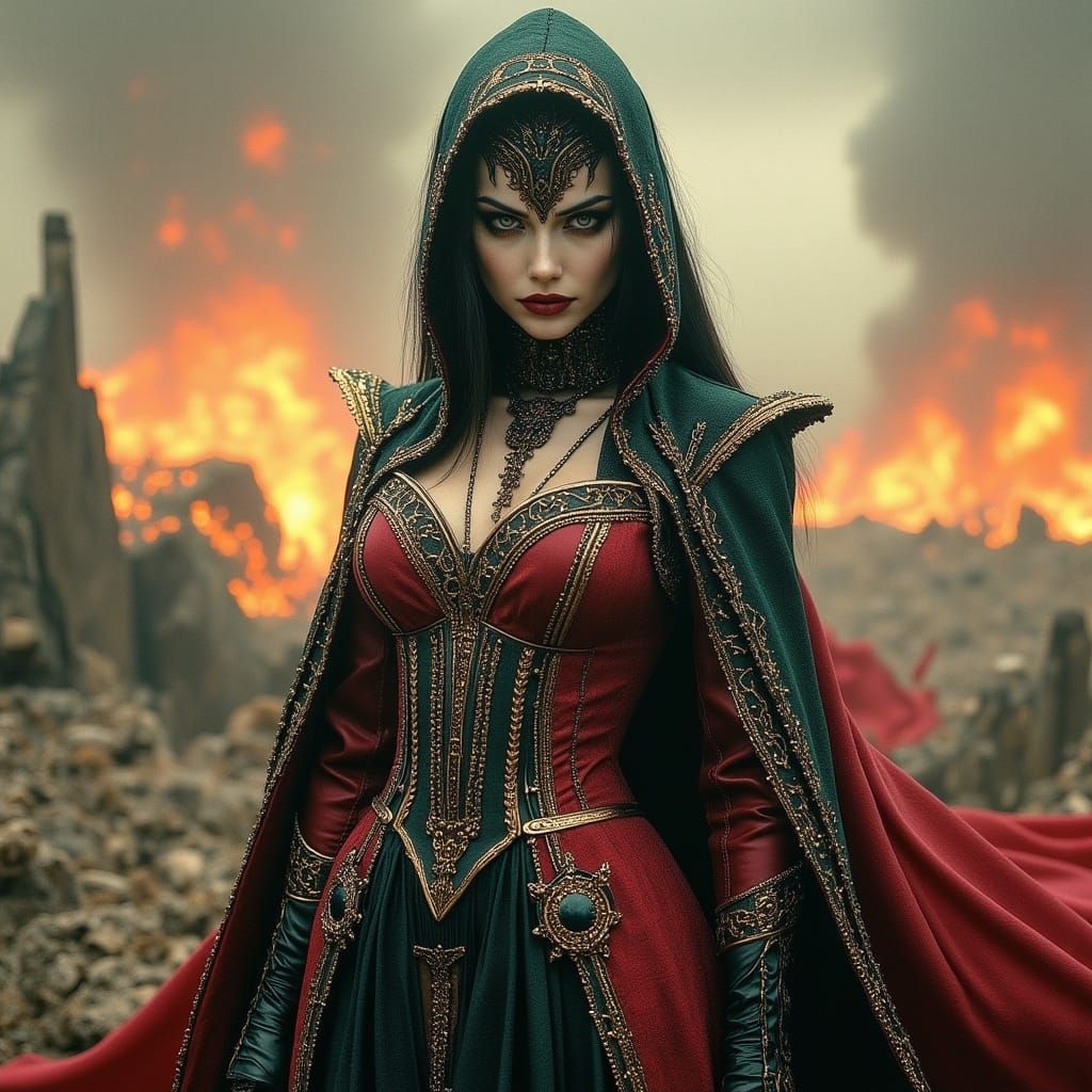 Serene Woman in War-Torn Landscape, Oil Painting