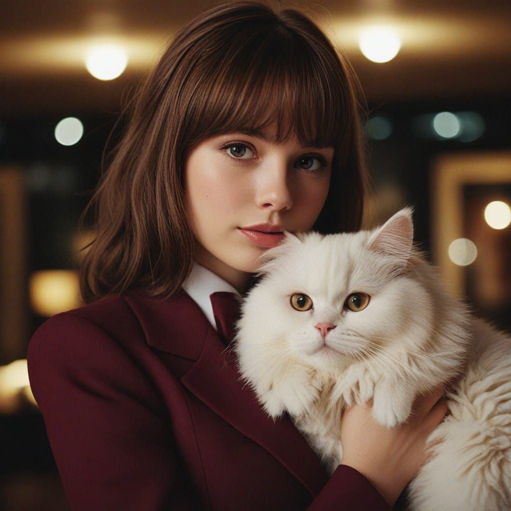 Lady in Burgundy, Embracing a Majestic Floofy Cat in Cinemat...