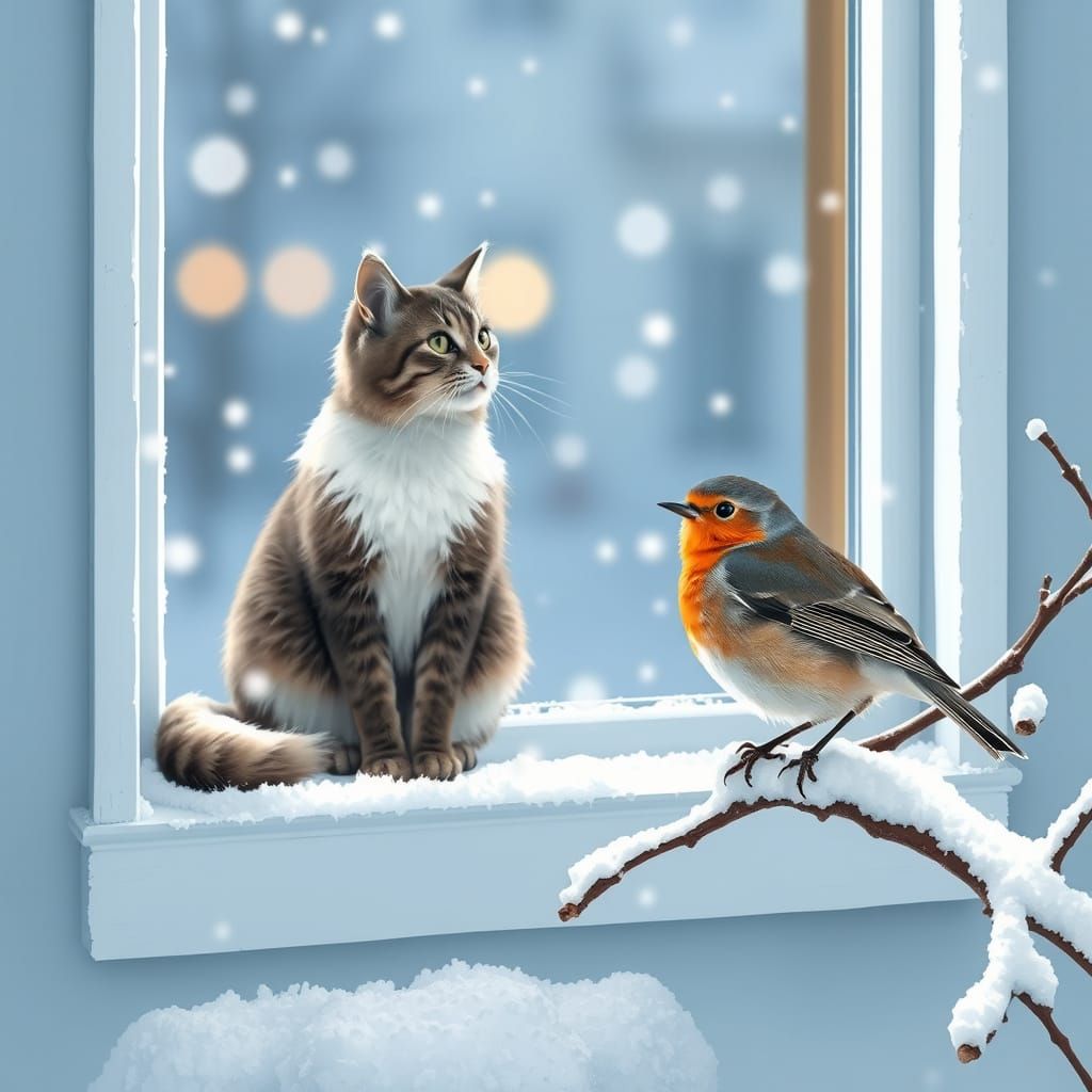 Feline Vigilant on Snowy Window Sill in Winter Landscape