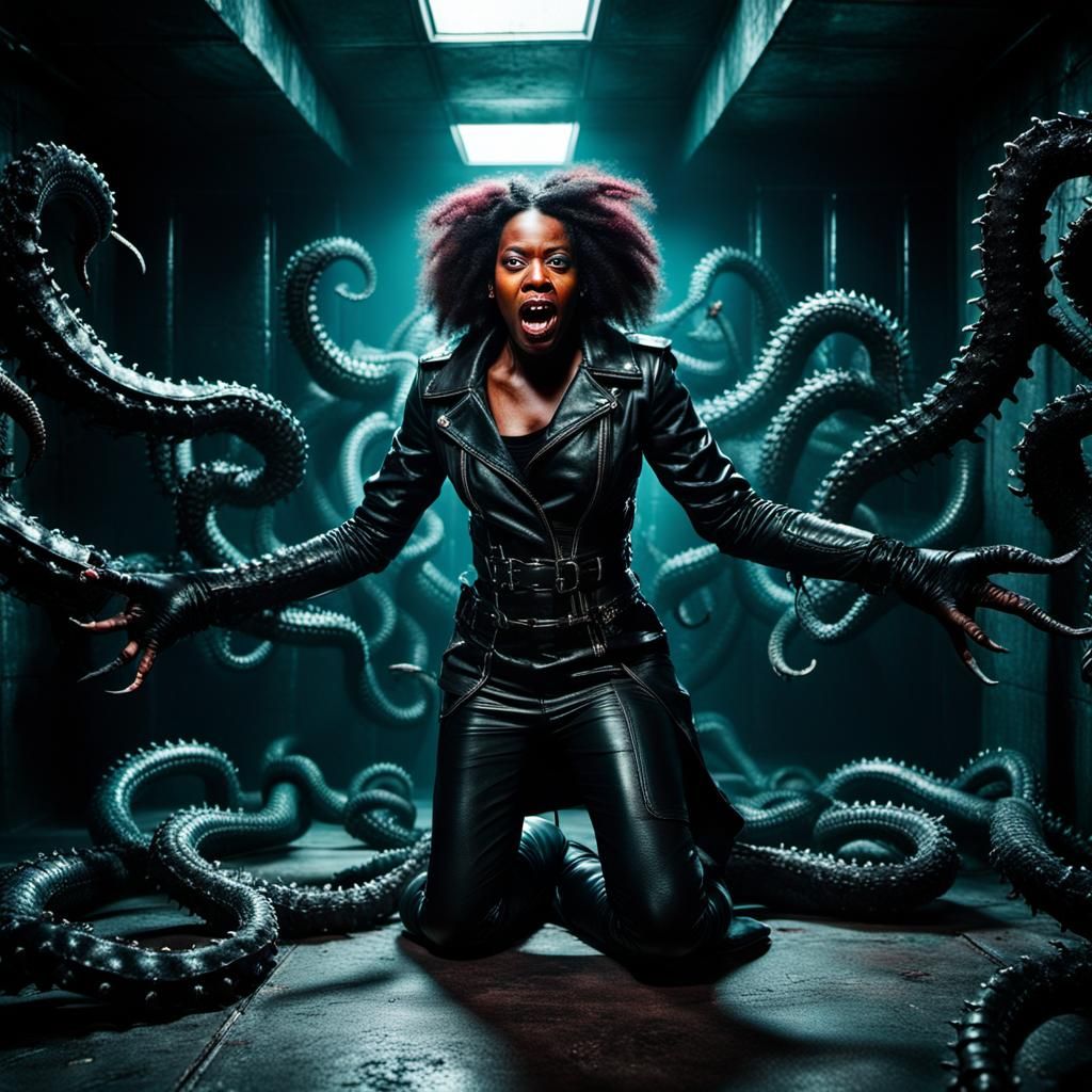 Surreal Horror: Woman in Straitjacket Surrounded by Tentacle...