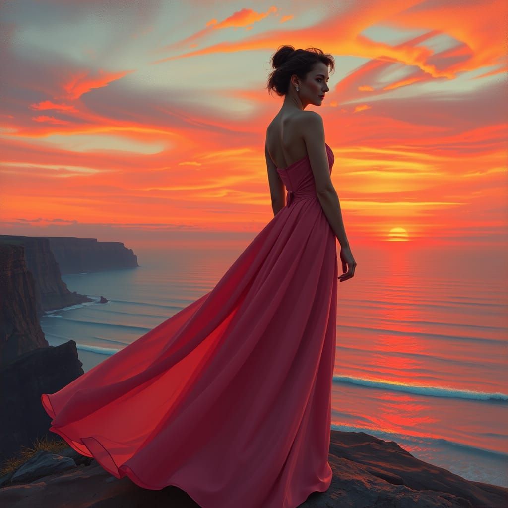 Elegant Audrey Hepburn on Windswept Cliff at Sunset