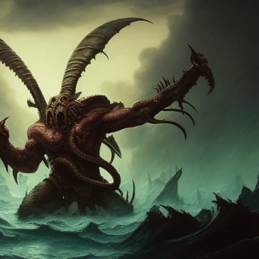Barbarian Battles Cthulhu: Dark Fantasy Art