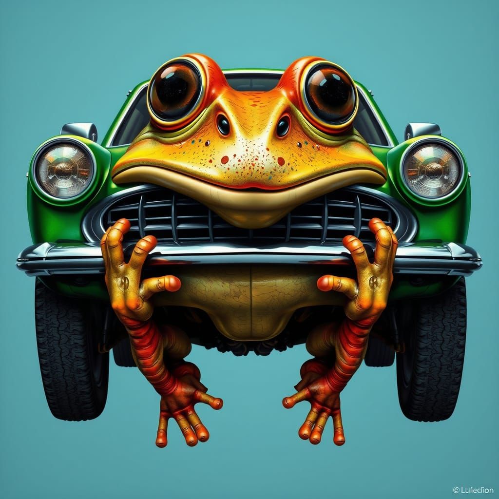 Frog-Headed Car with Human Legs in Retro-Futuristic Style