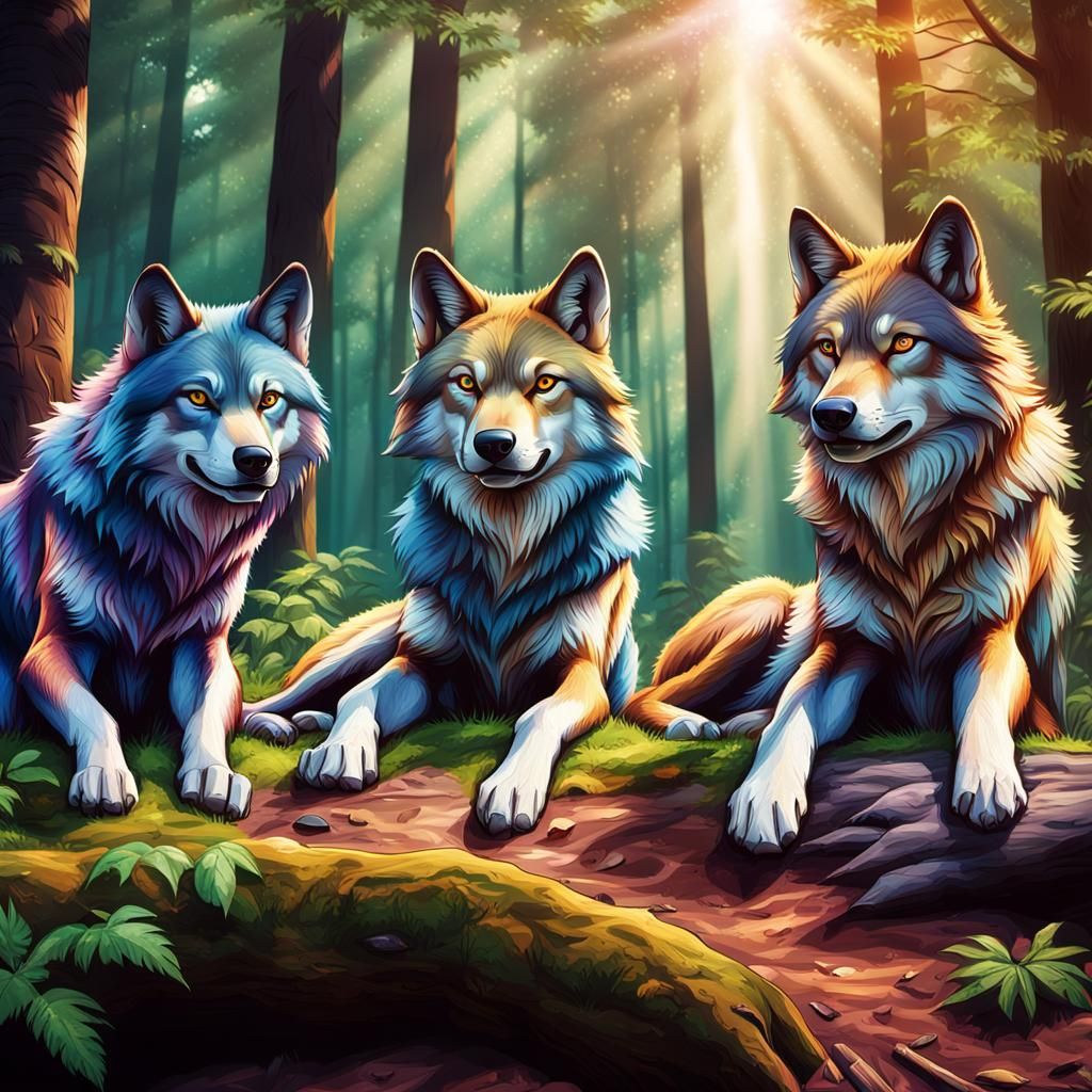 Hyperrealistic Forest Wolves in Vibrant Colors
