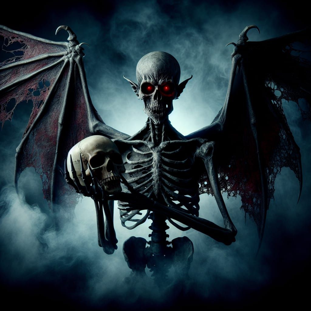 Eerie Skeletal Figure with Bat Wings and Skull