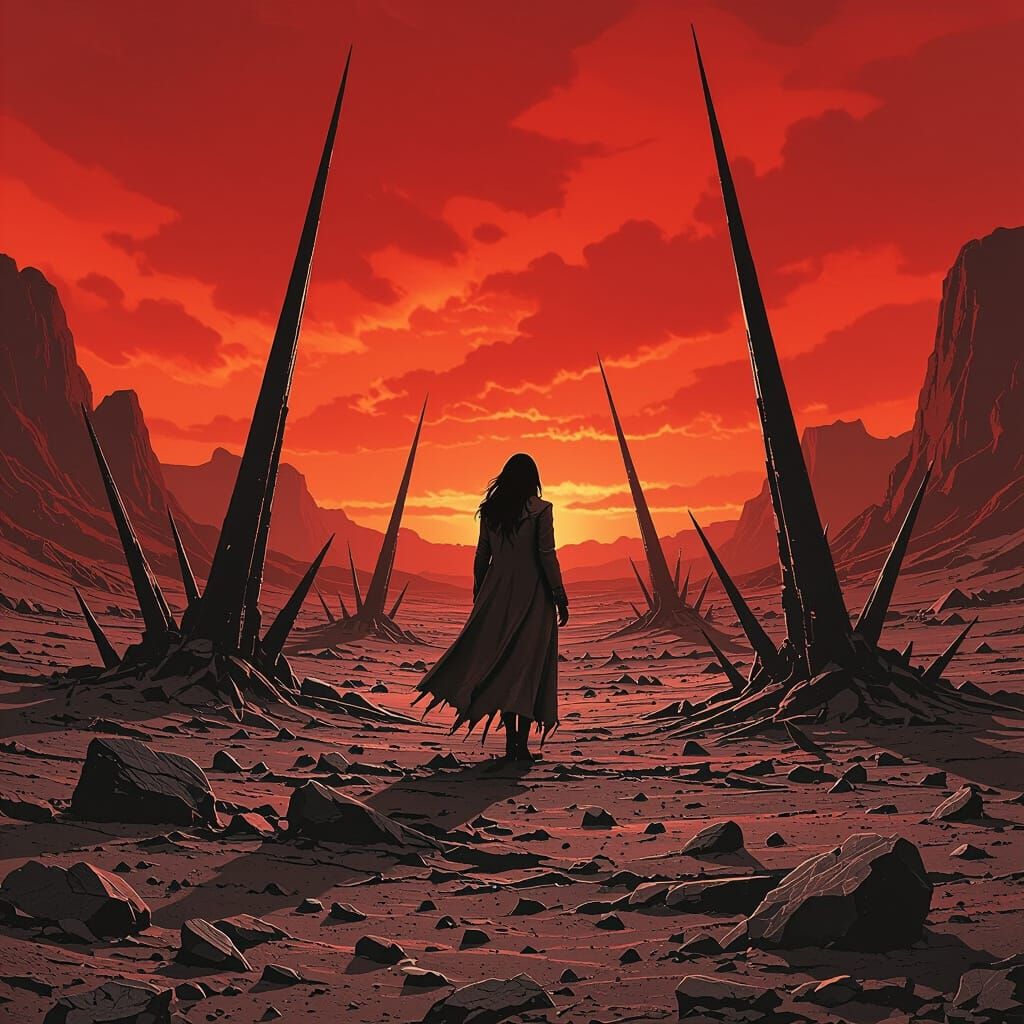 Barren Landscape with Red Sky in Sci-Fi Style