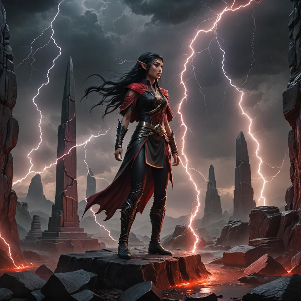 Obelisks and Elf in Stormy Fantasy Art