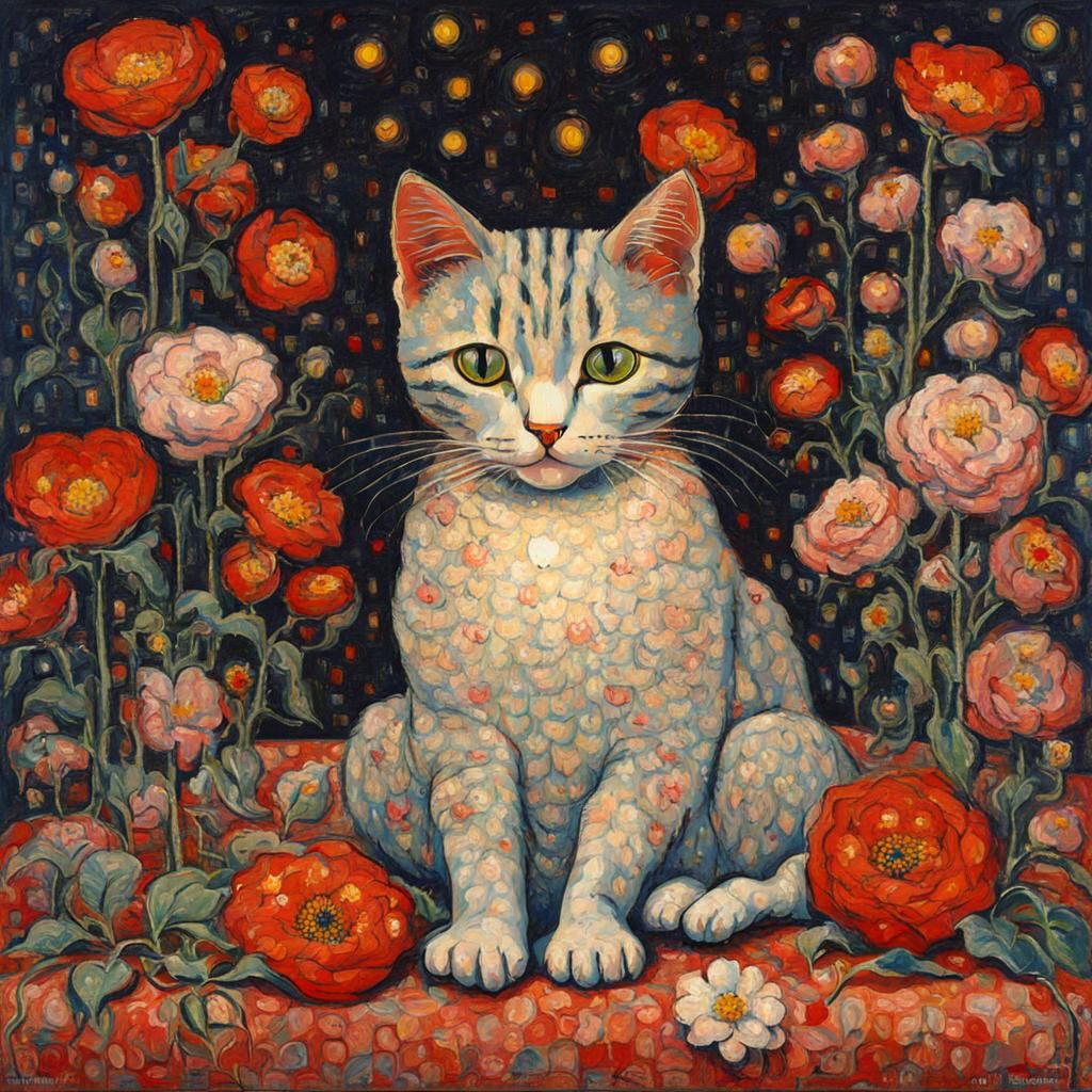 Cute Cat Surrounded by Flowers in Impressionist Style