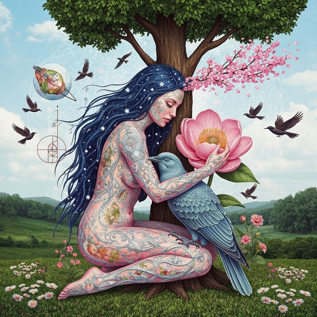 Surreal Sculpture of Female Figure Embracing Tree and Bird