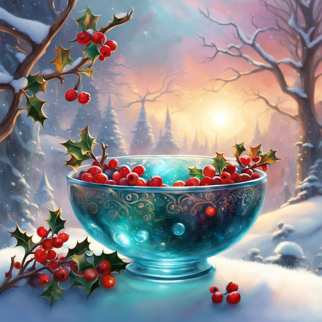 Enchanting Winter Scene with Holly and Glowing Ribbon