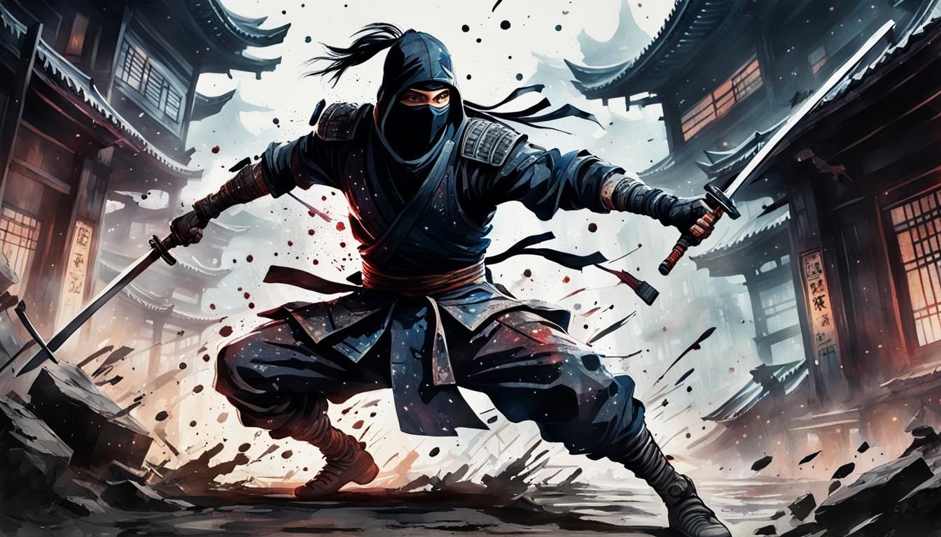 Futuristic Ninja in Watercolor Splatter Art