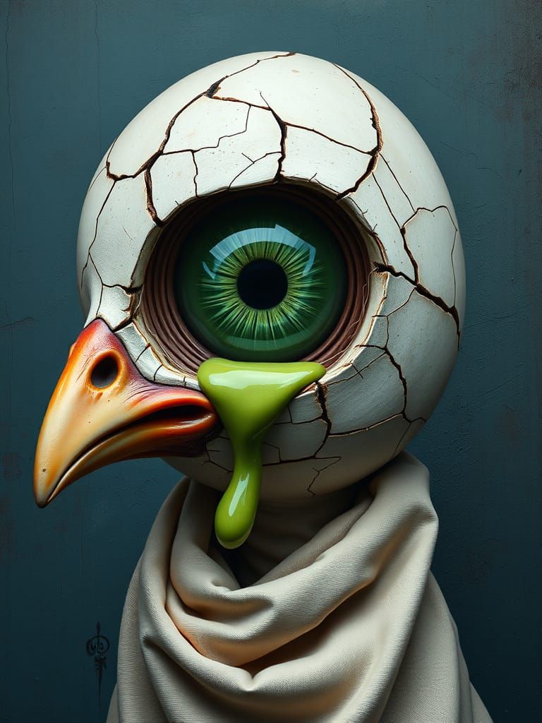 Surreal Oil Painting of a Grotesque Green Eye with a Cracked...