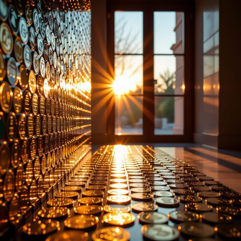 Opulent Coin Mosaic Wall with Sunlit Bokeh Effect