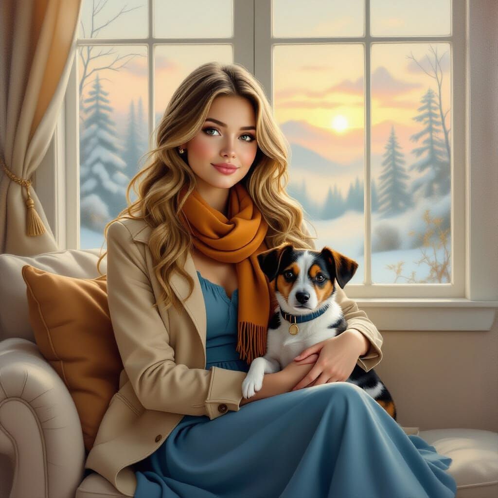 Woman with Dog and Fantasy Landscape, Oil Painting Style