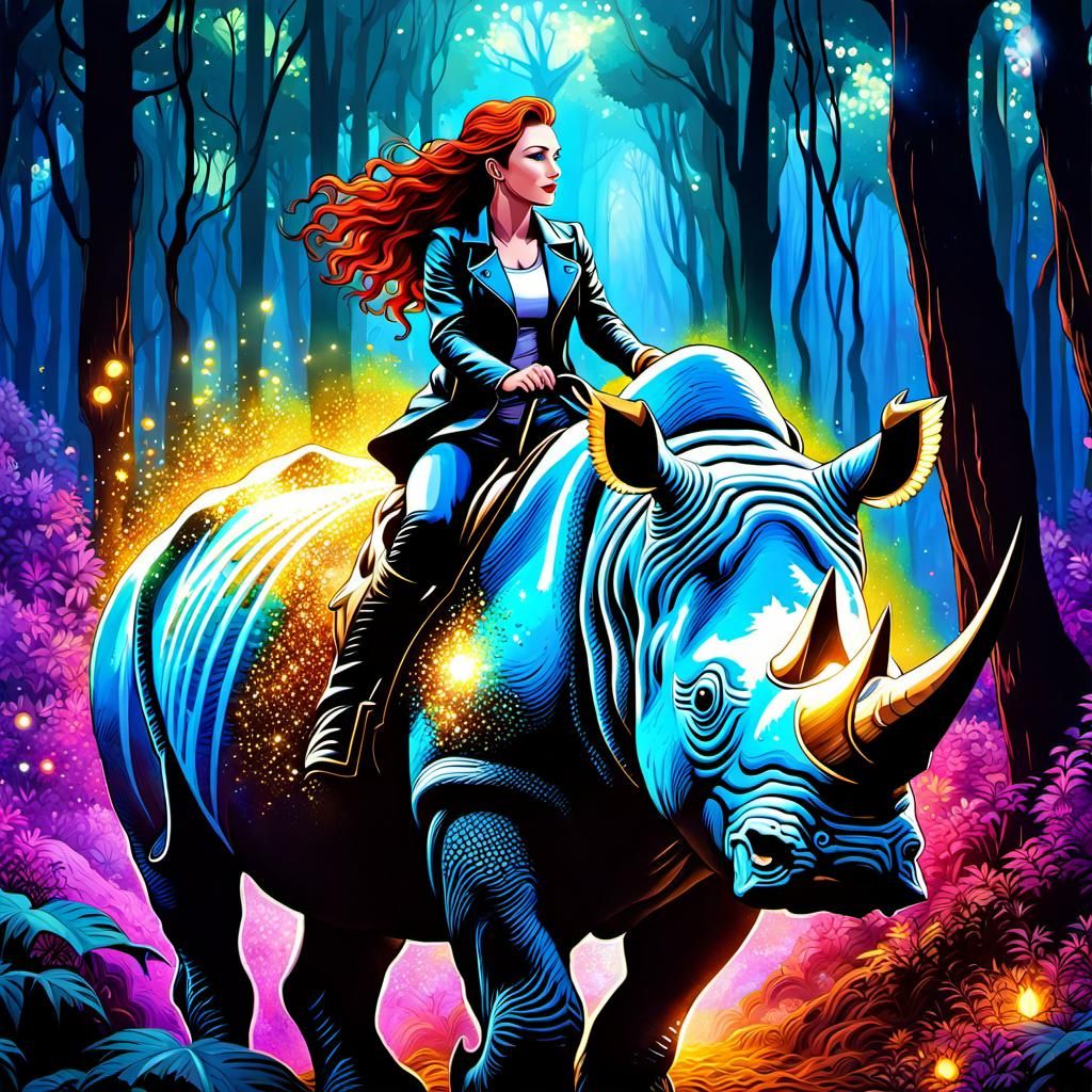 Dreamcore Woman Adventurer Riding Rhino in Bioluminescent Fo...