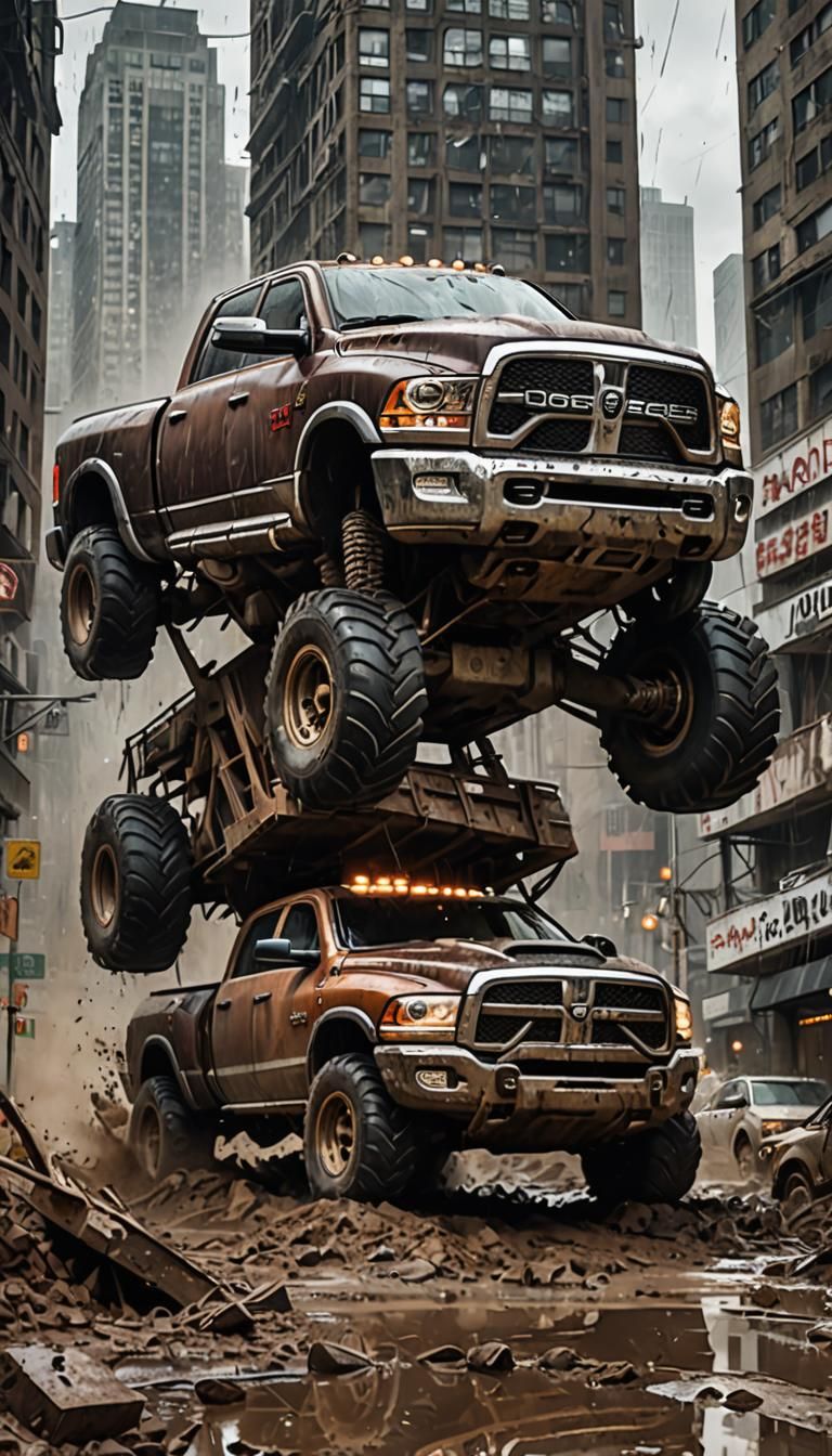 a Dodge Ram 2500, running offroad, splashing through the mud