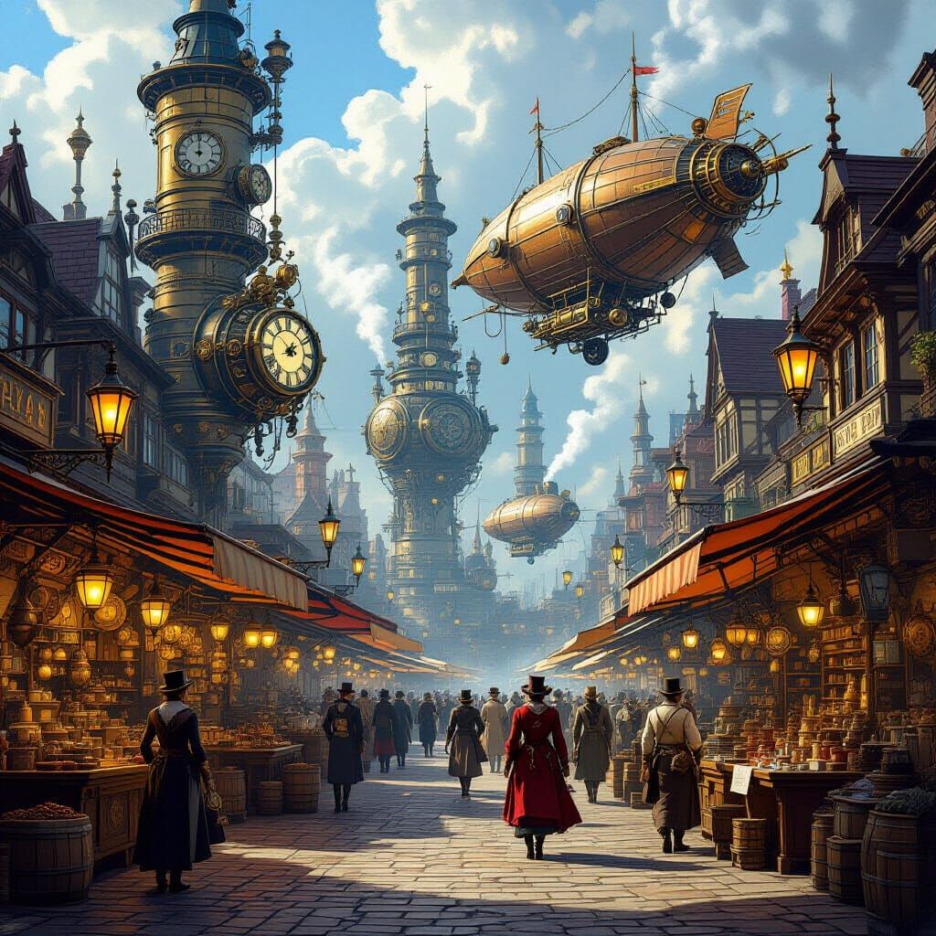 Steampunk Marketplace with Automatons and Airships