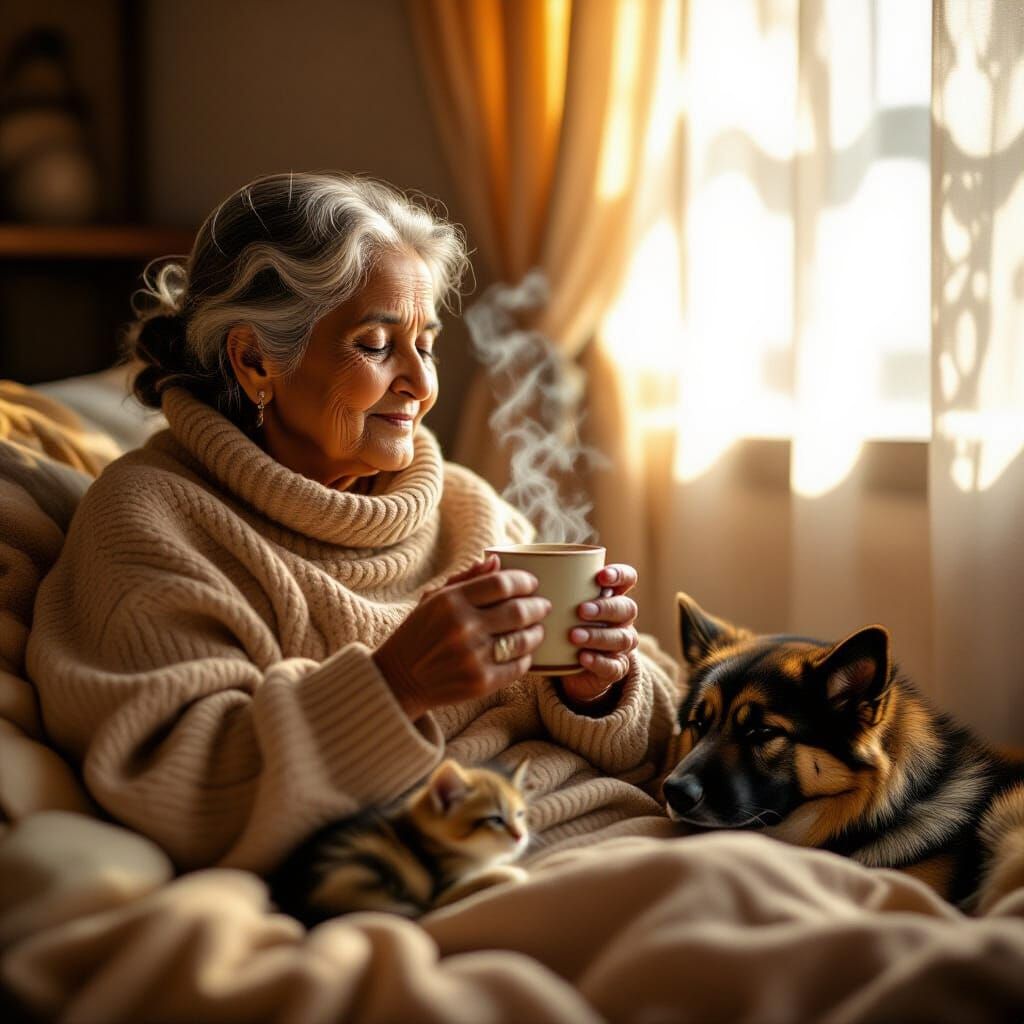 Elderly Indian Woman with Kitten and Dog in Morning Light