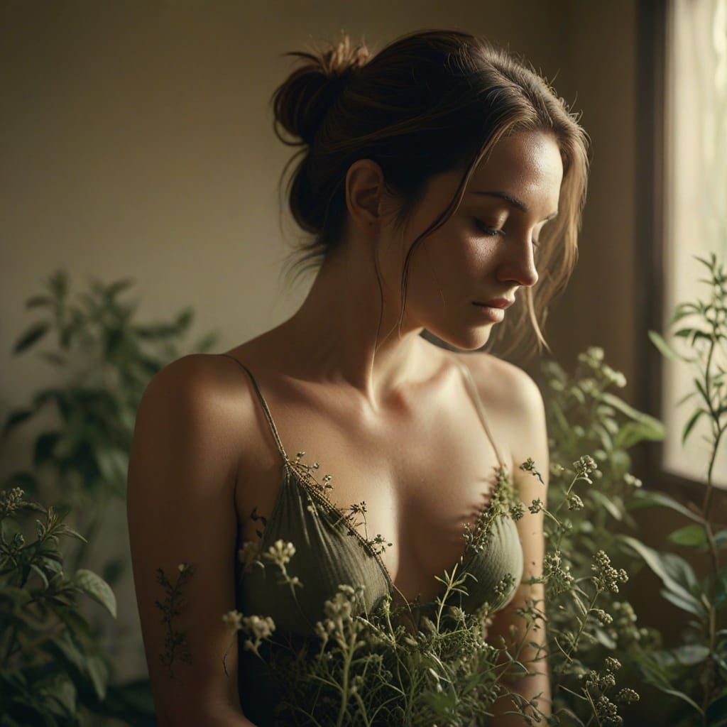 Woman Enveloped in Soothing Herbs in a Dreamy Cinematic Scen...