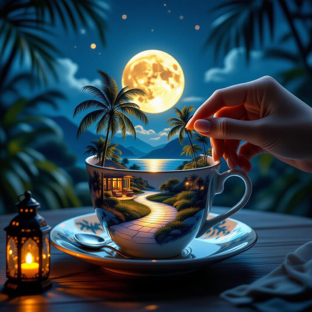 Enchanting Summer Landscape Held Within a Teacup Moonlit Sce...
