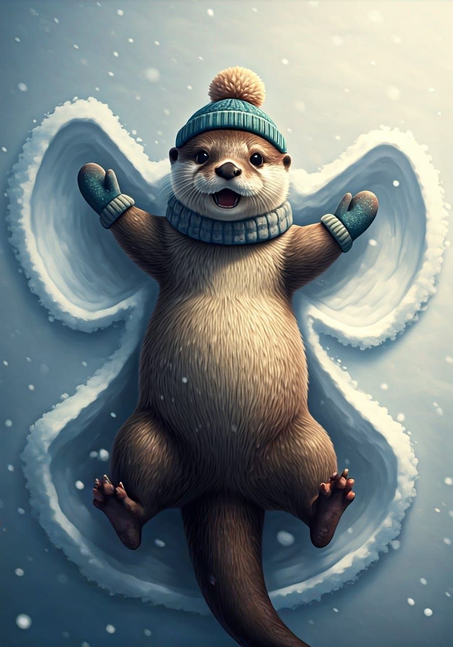 Whimsical Winter Otter Creates a Snow Angel in a Magical Won...