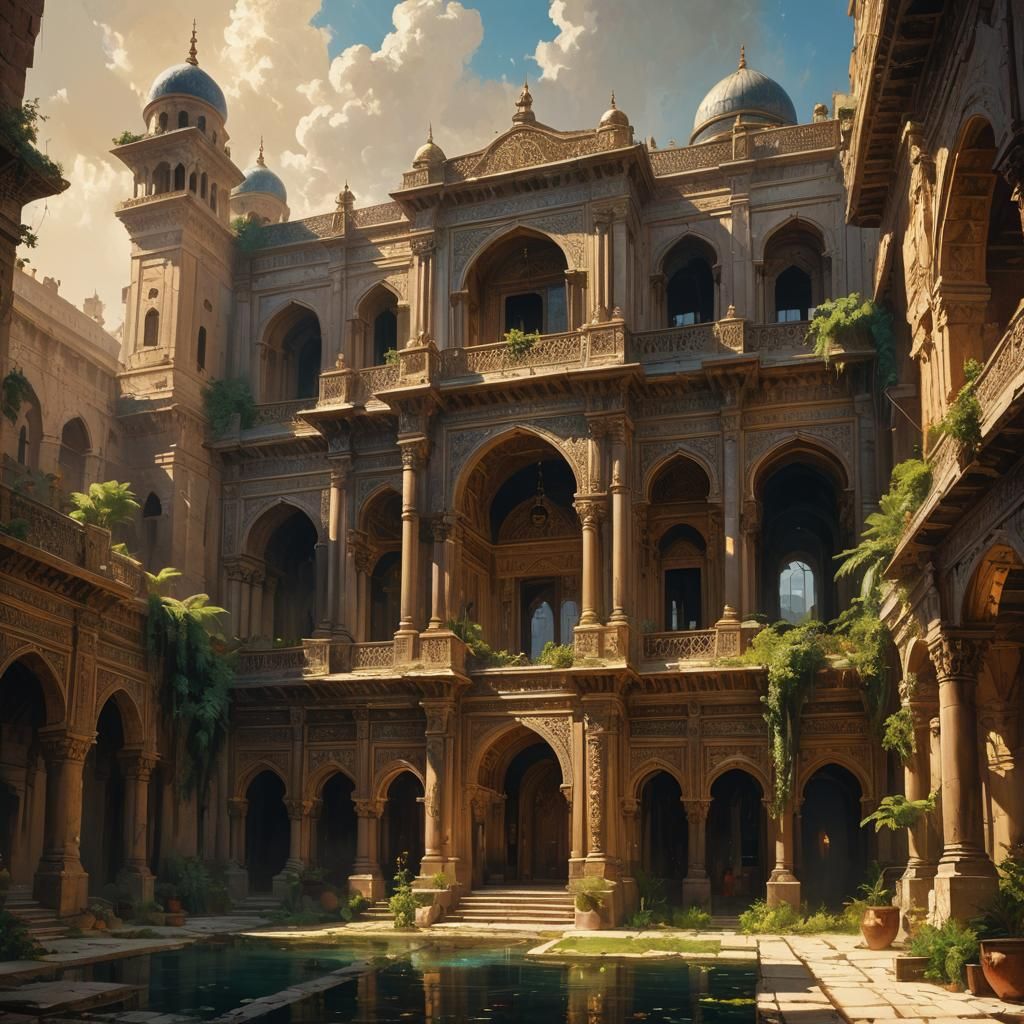Majestic Arabic Palace in Sunlight: Oil Painting